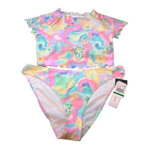 Salt & Cove Printed Lettuce Edge Short Sleeve Swim Top & Bikini Large Retro